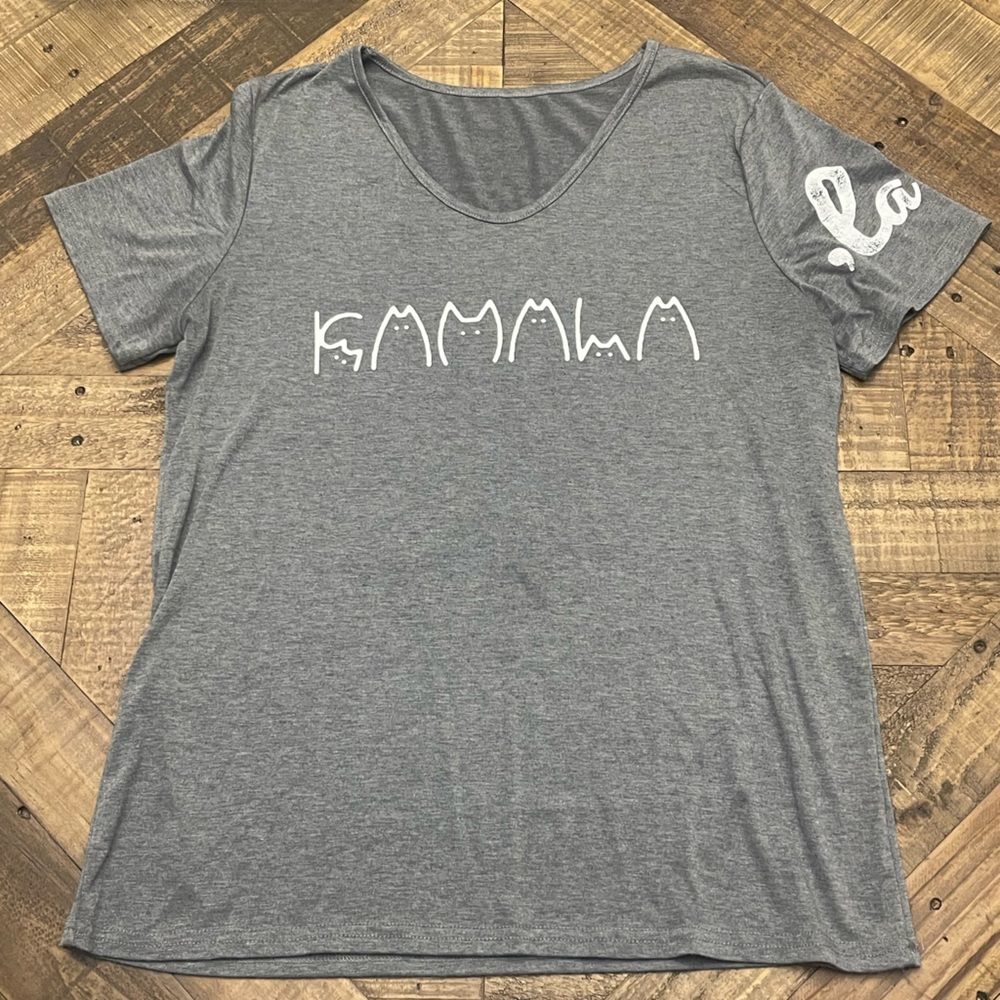 Gray Short Sleeve Tee with Cat Design